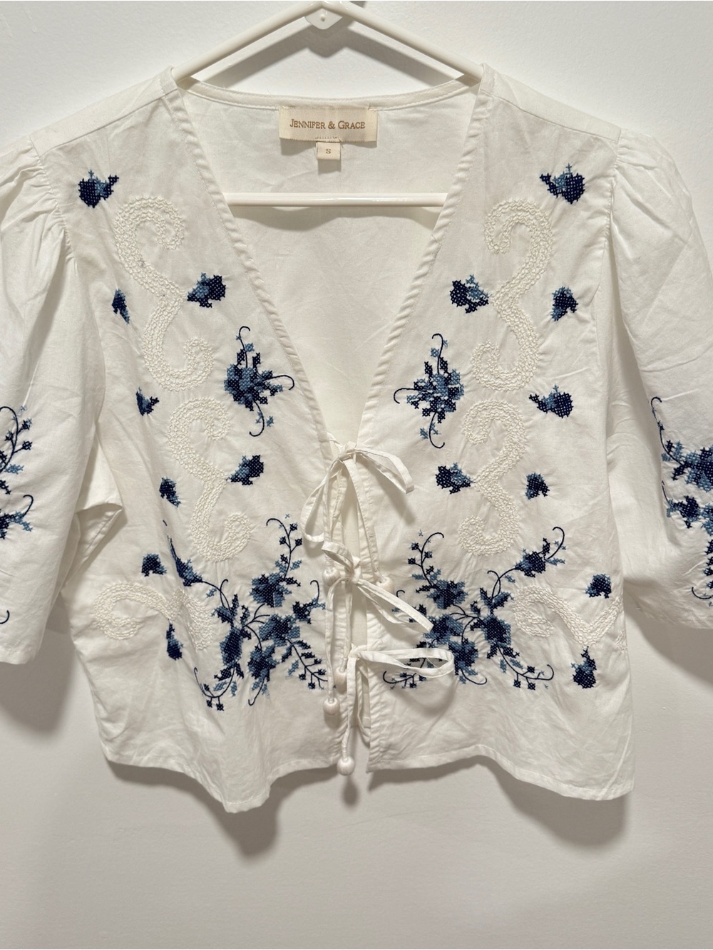 Jennifer & Grace White V-Neck Embroidered Peasant Blouse with Blue Floral Detail - Picture 2 of 8